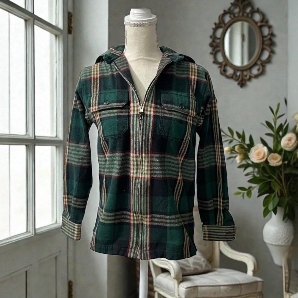 Lauren Ralph Green‎ Plaid Cotton Hooded Full Zip Casual Shirt Jacket Size Petite
